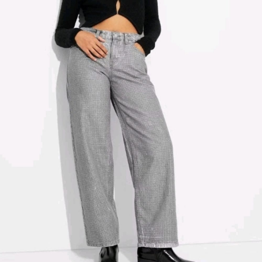 Women Bling Gray Mid-Rise 90's Relaxed Straight Jeans Wild Fable Denim